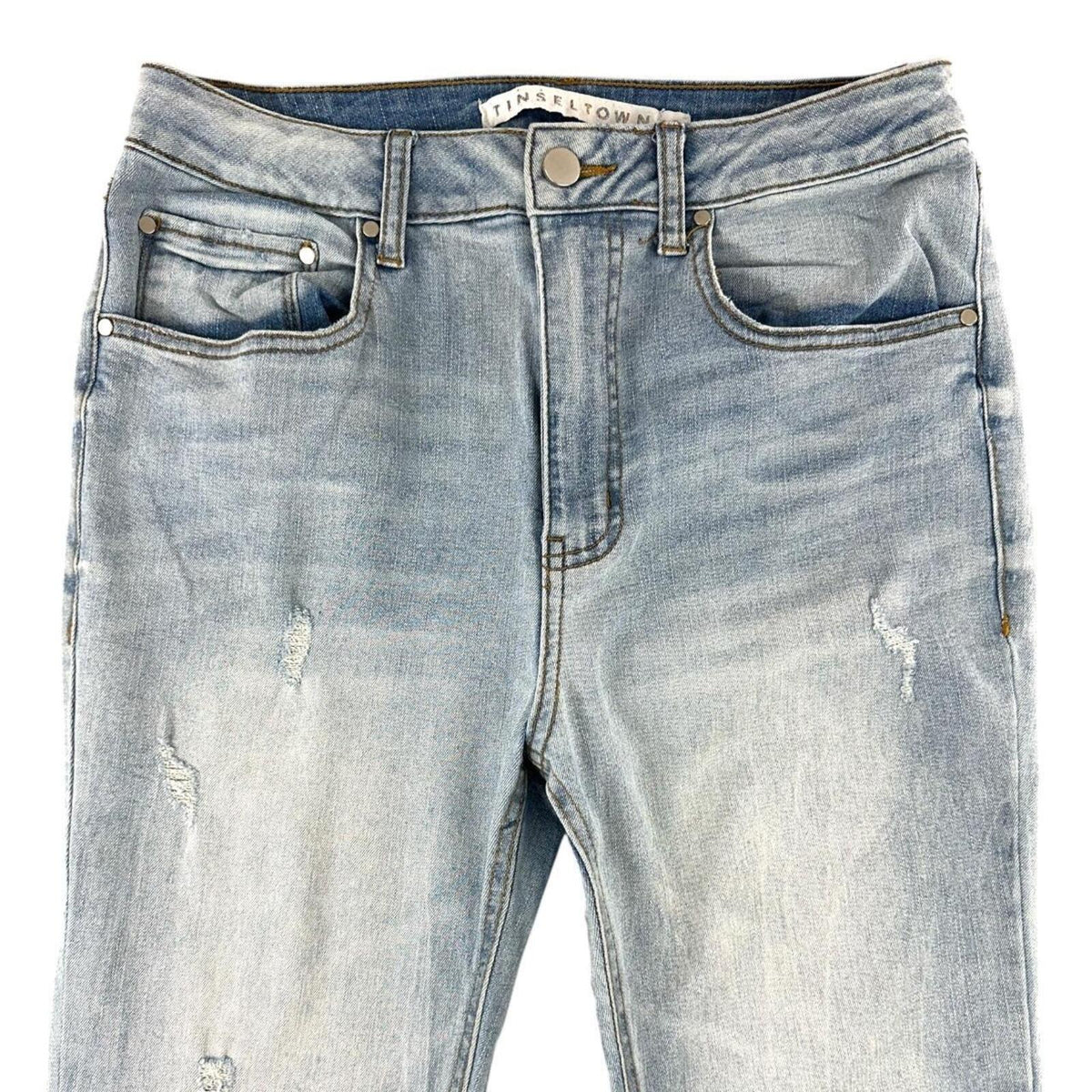 Tinseltown Light Wash Distressed Flare Jeans with Raw Frayed Hem Y2K Boho Style