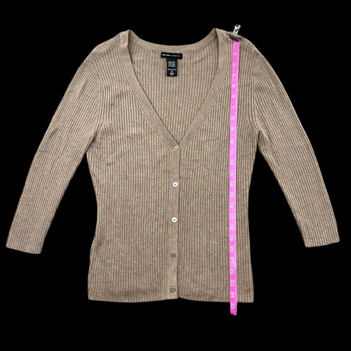 New York & Company Beige Ribbed V Neck Cardigan 3/4 Sleeve Minimalist