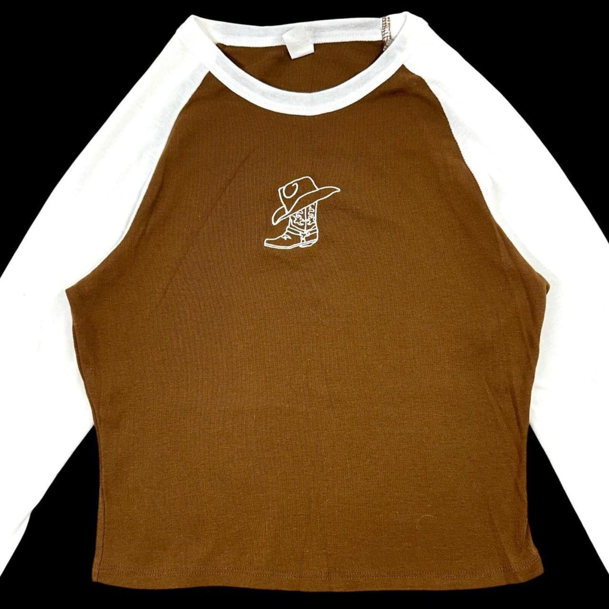Y2K Cowboy Core Brown and White Raglan Long Sleeve Baby Tee with Embroidery