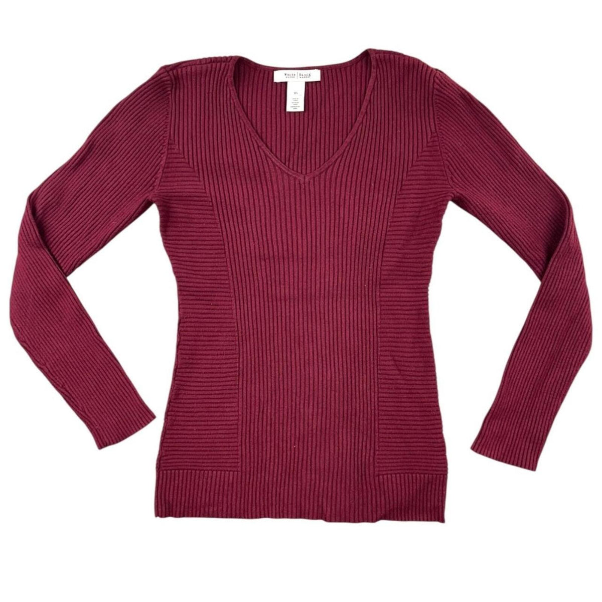 White House Black Market Burgundy V Neck Ribbed Sweater Elegant Preppy Minimal