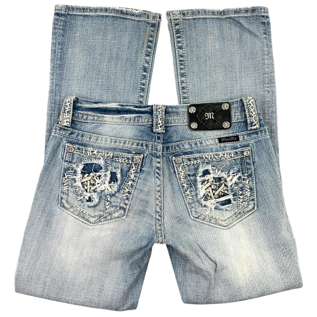Miss Me Y2K Bootcut Jeans Rhinestone Embellished Pockets Distressed Detailing