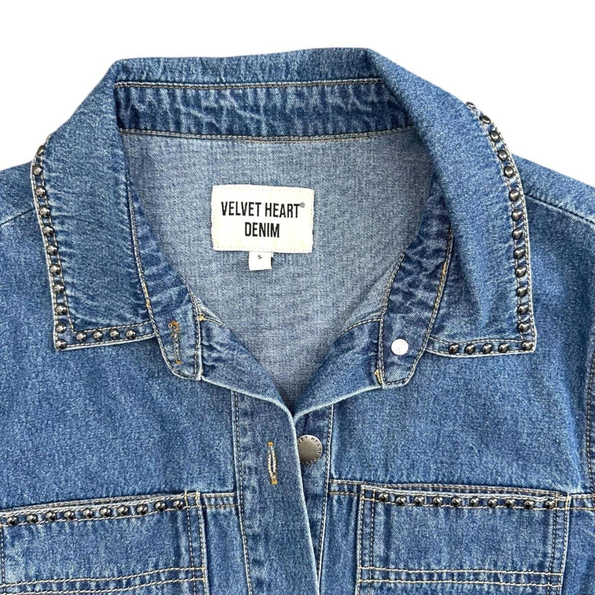 Velvet Heart Denim Cropped Jacket with Studded Details and Balloon Sleeves