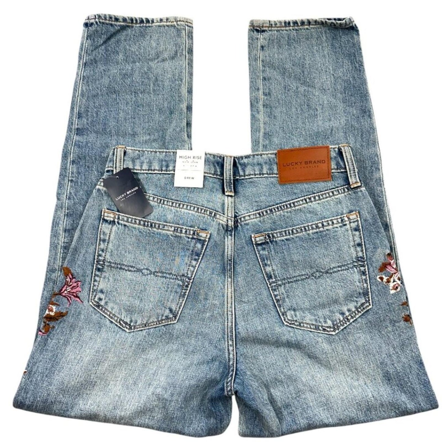 Lucky Brand Drew Floral High Rise Mom Jeans Blue Denim with Pink Embroidery