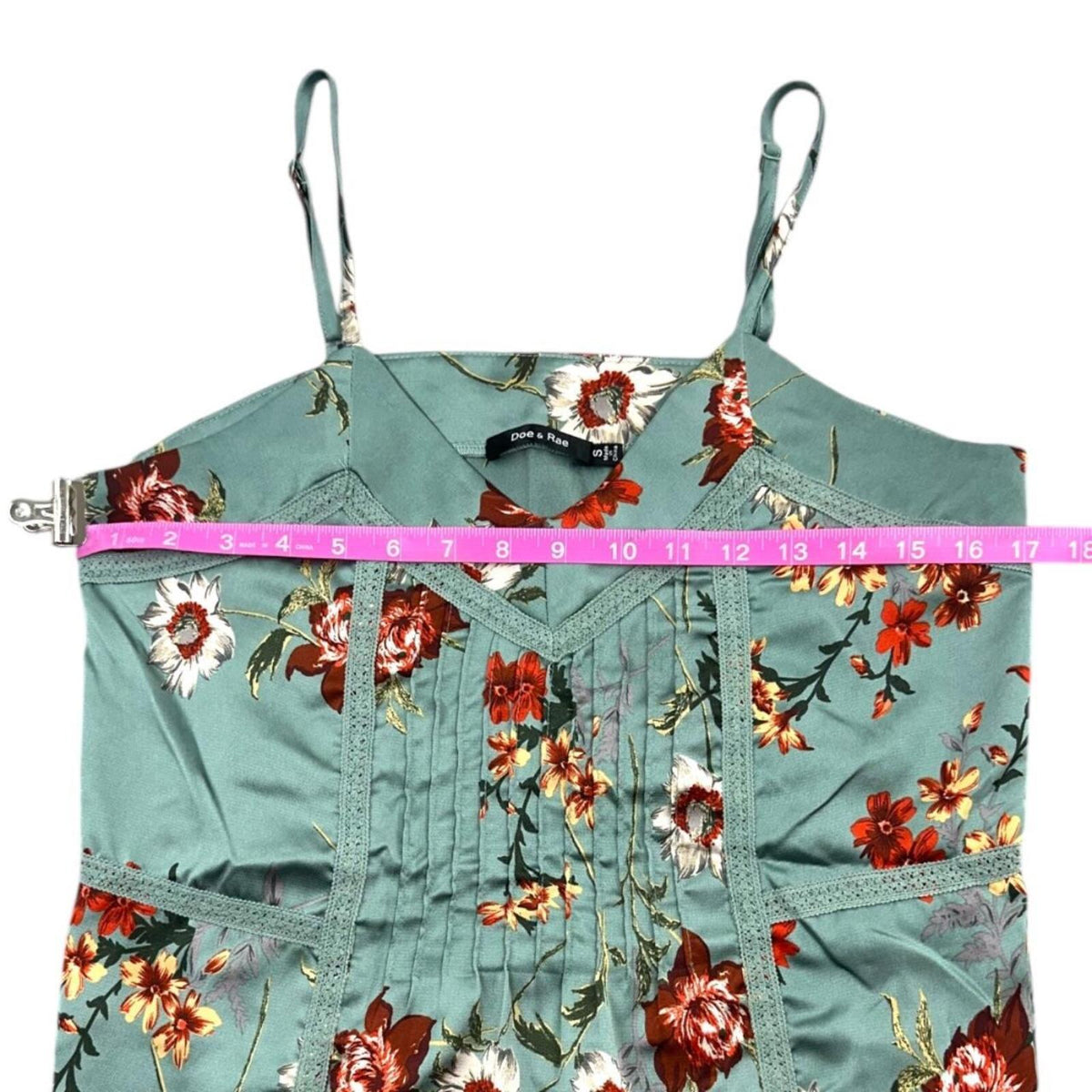 Doe & Rae Satin Floral Camisole Top in Teal with Lace Trim and Pintuck Pleats