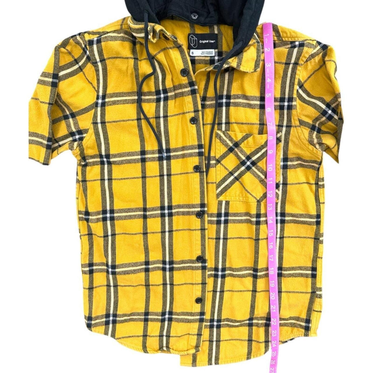 Original Use Long Sleeve Hooded Flannel Shirt Yellow Black White Plaid