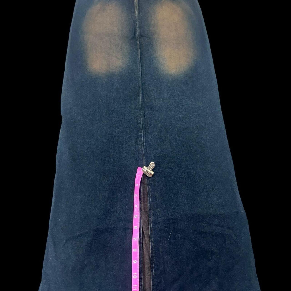MOA Long Distressed Denim Skirt Dark Wash with Brown Copper Accents