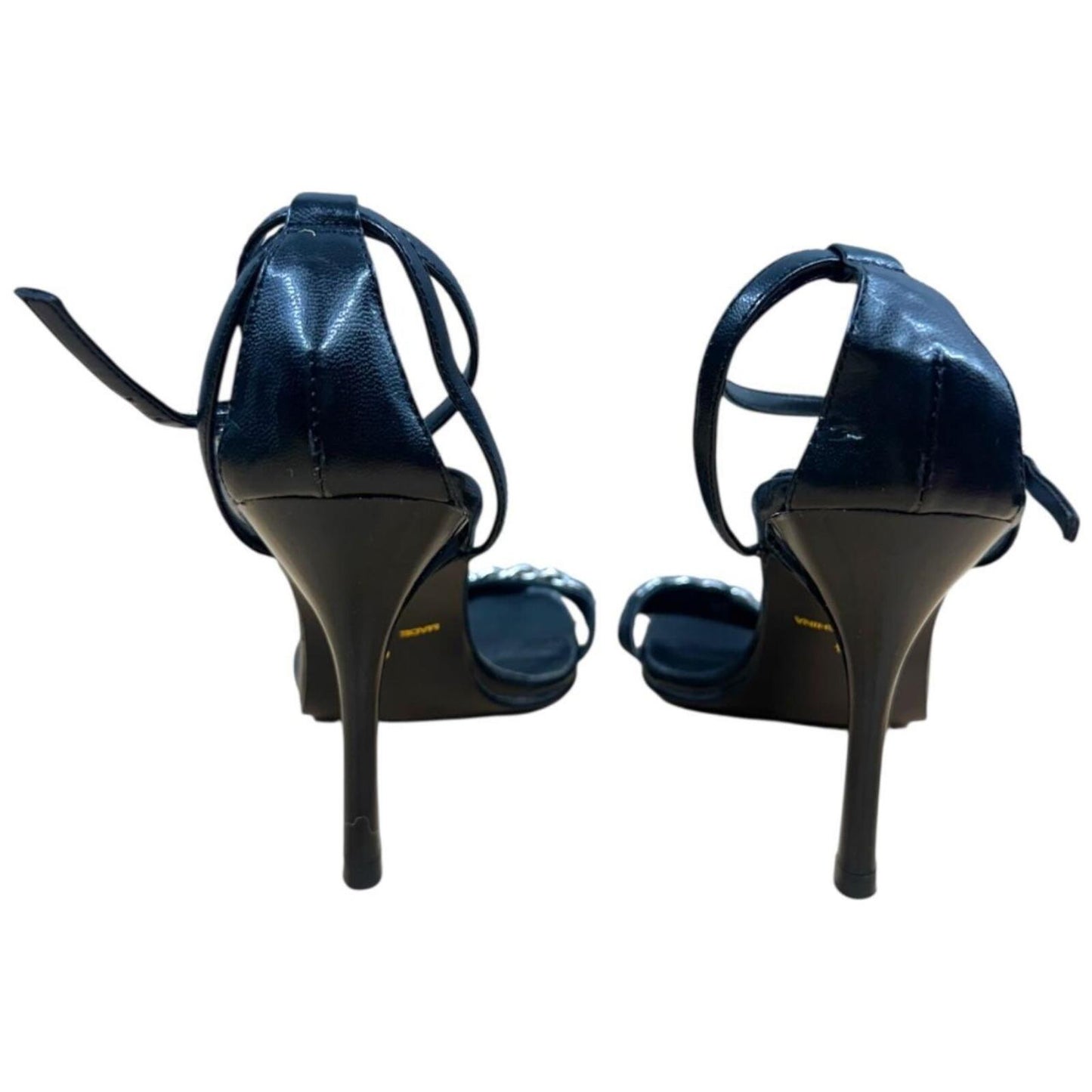 Diva DNA Black Strappy Stiletto Sandals with Silver Chain Logo Detail