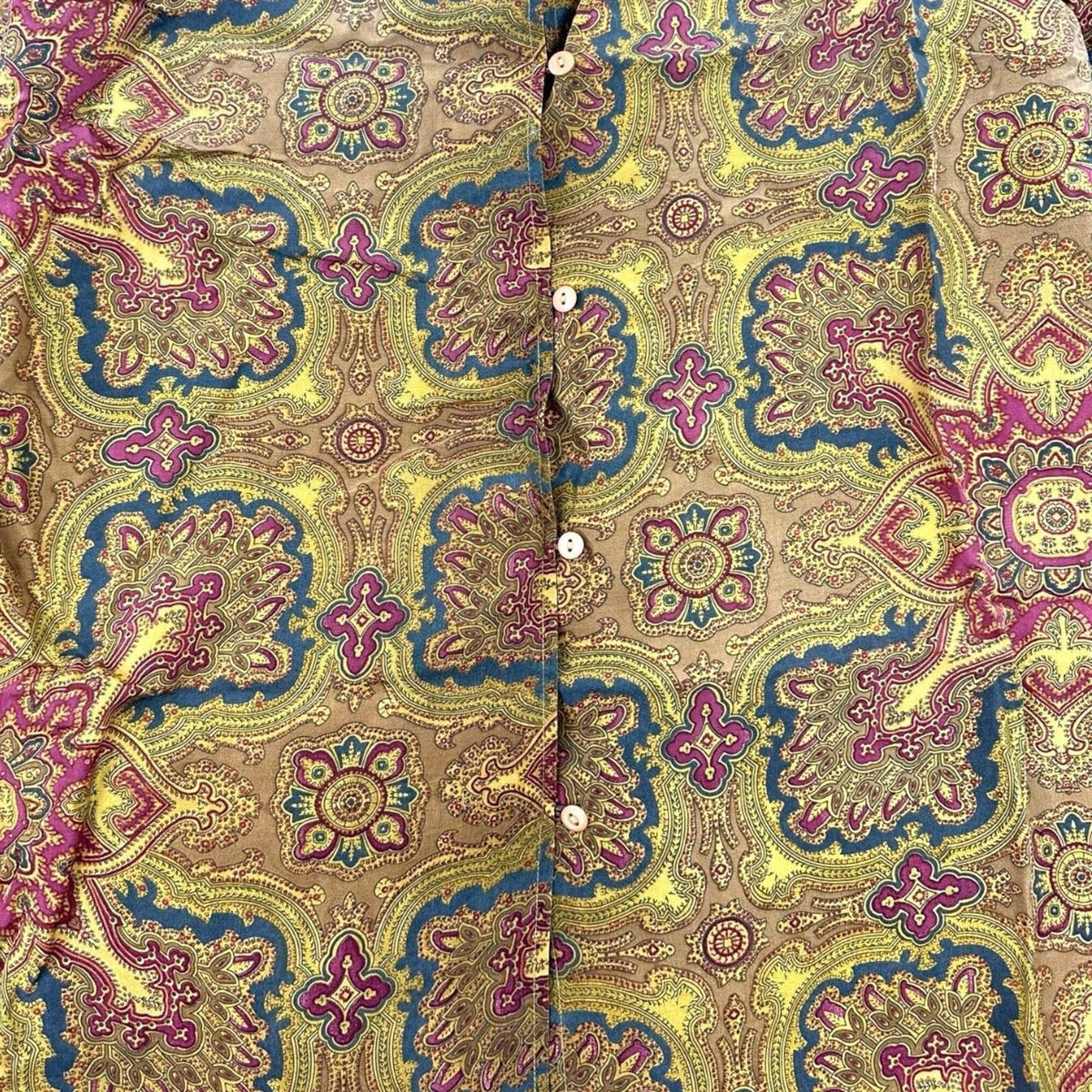 Bogari Studio Vintage Band Collar Button Up Blouse in Mustard Yellow Paisley
