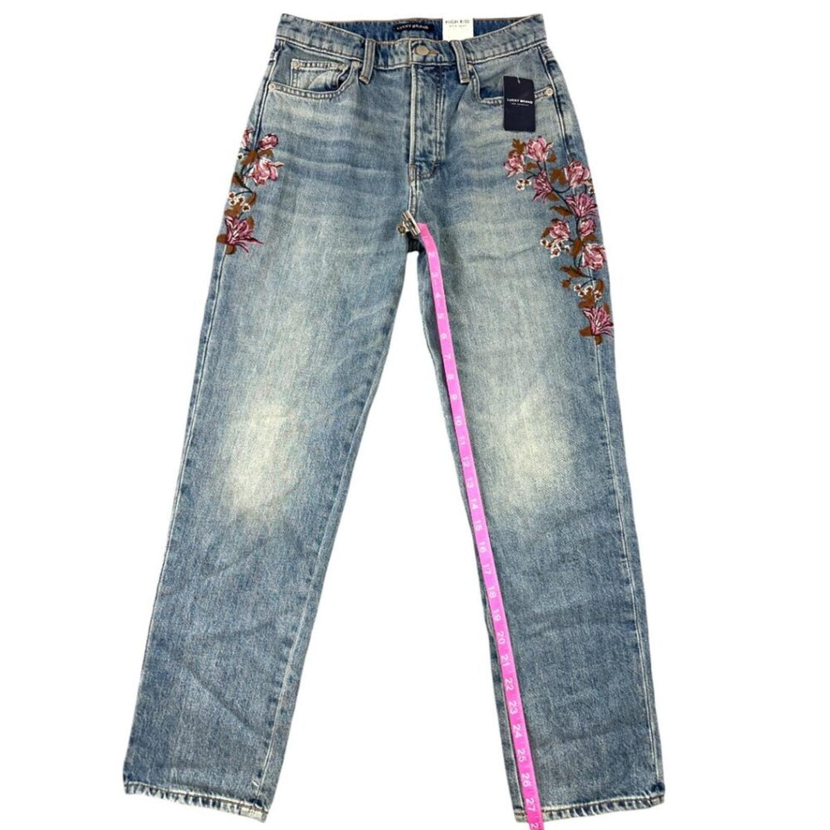 Lucky Brand Drew Floral High Rise Mom Jeans Blue Denim with Pink Embroidery
