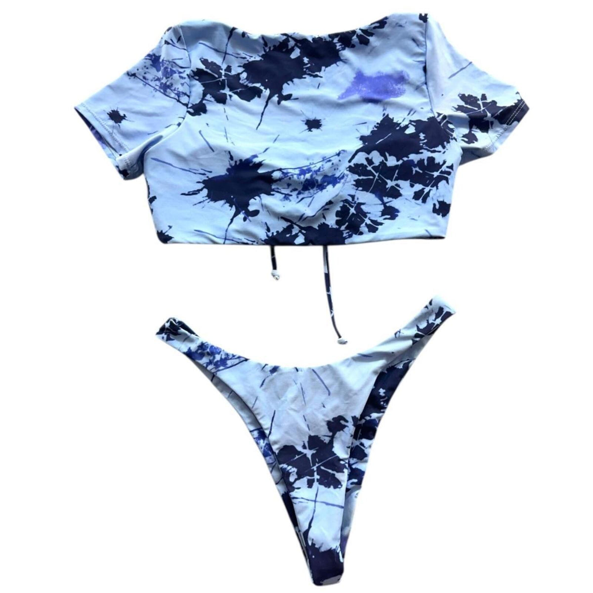 SHEIN Blue Purple Tie Dye Indie Punk Two Piece Bikini Set with Short Sleeve