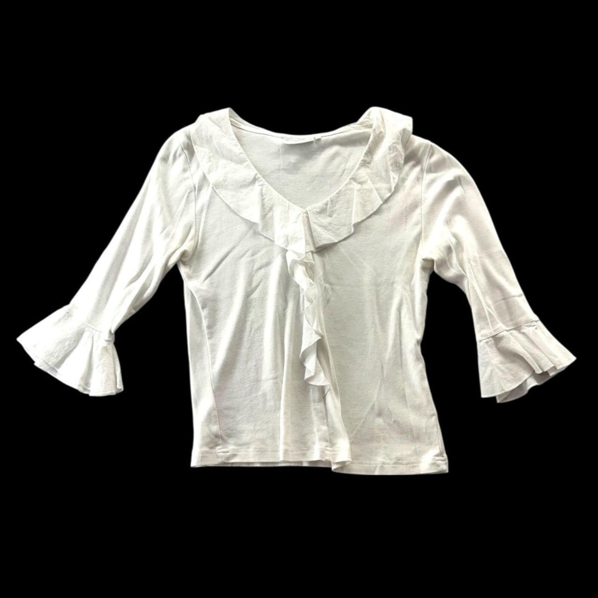 Lulu-B White Ruffled Neck V Neck Blouse Medium Y2K Fairycore Coquette