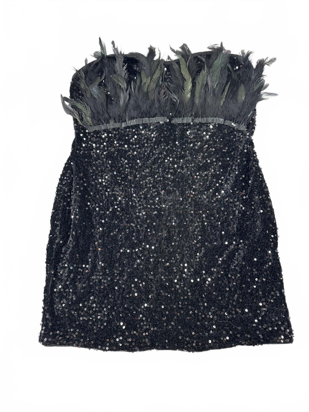 Glam Black Strapless Sequin Dress with Feather Trim NWOT