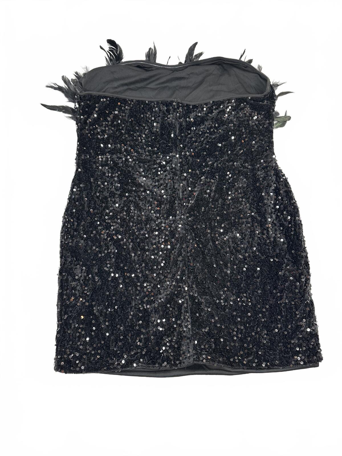 Glam Black Strapless Sequin Dress with Feather Trim NWOT