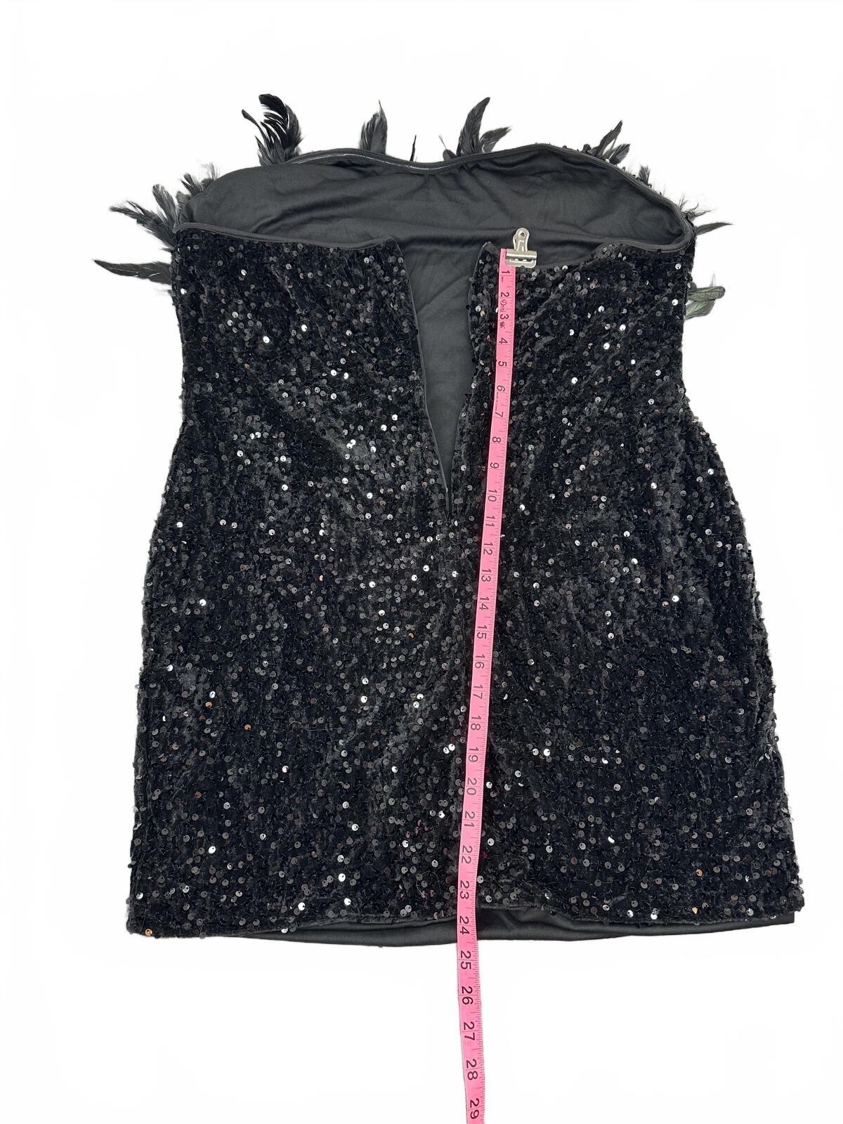 Glam Black Strapless Sequin Dress with Feather Trim NWOT