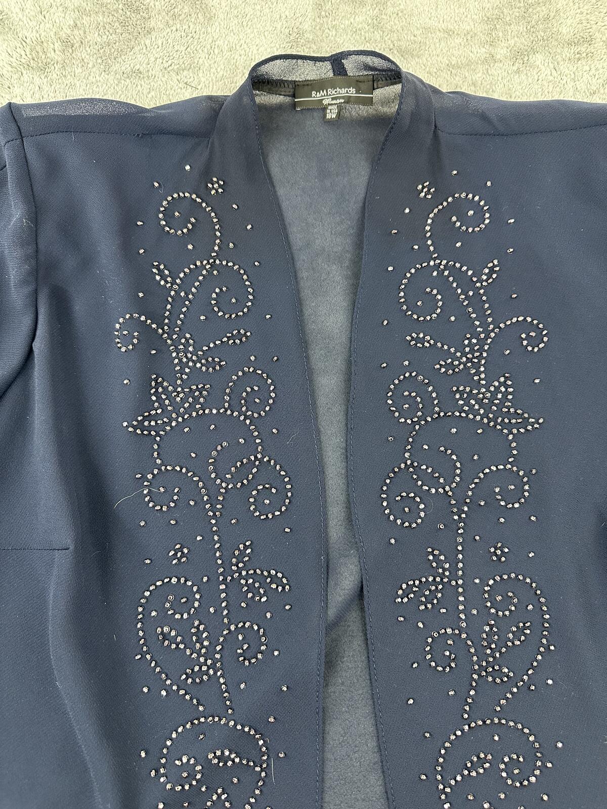 R & M Richards Navy Blue Sheer Embellished Jacket Vintage Formal Glam Layering