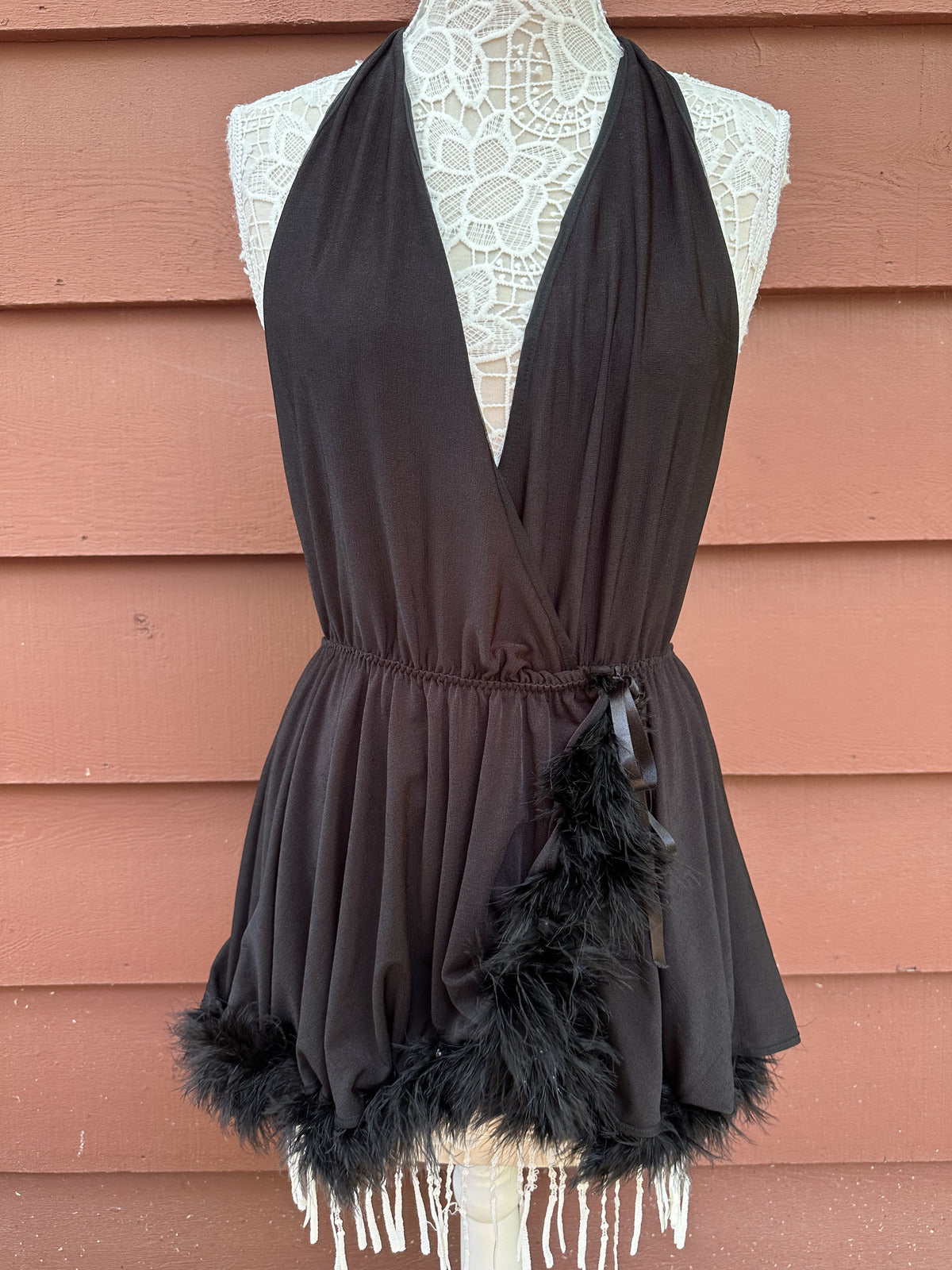 Black Feather Trim Halter Romper Vintage Inspired Party Wear