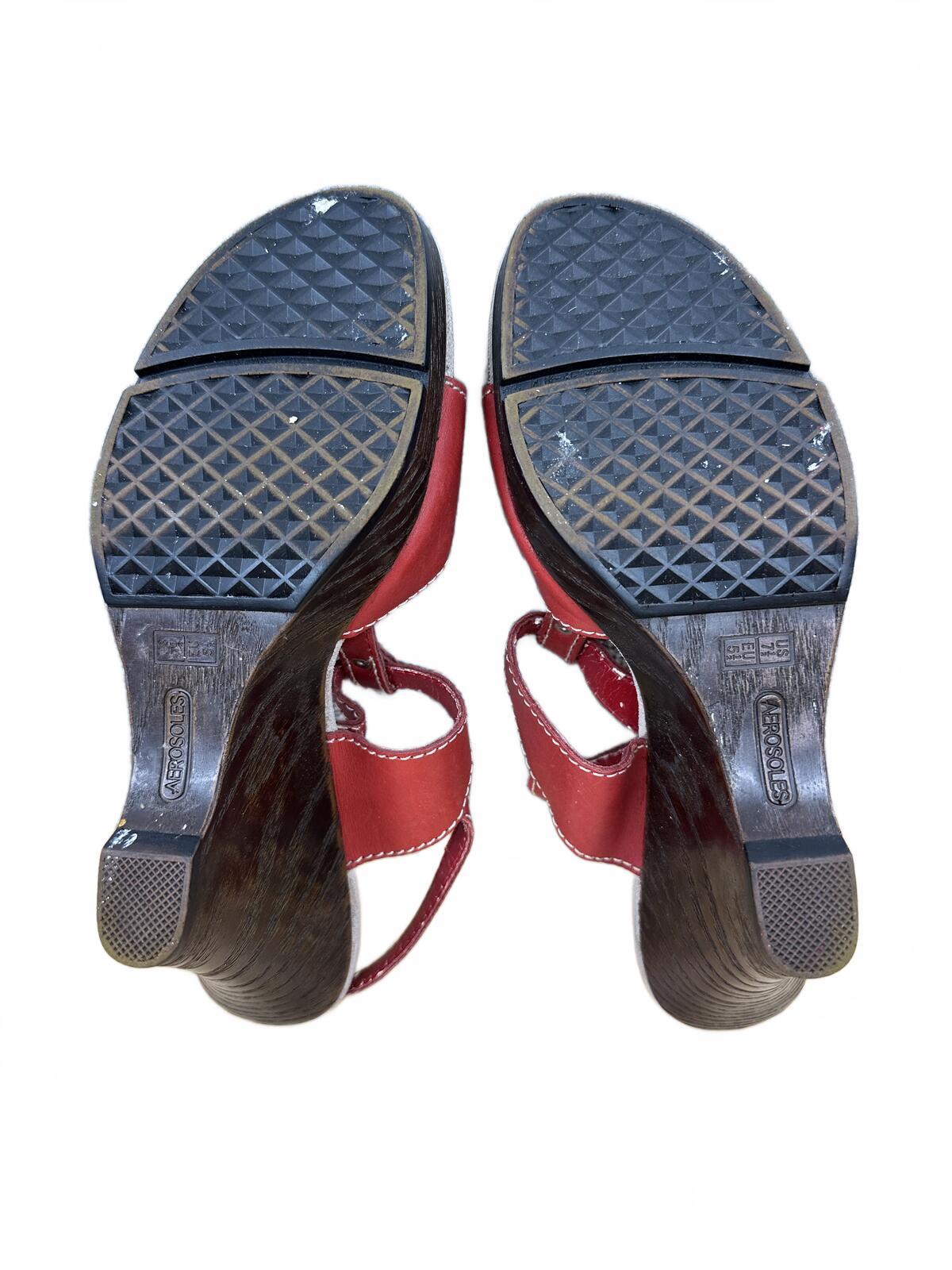 Aerosoles Red Leather Wedge Sandals Vintage Inspired Summer Footwear