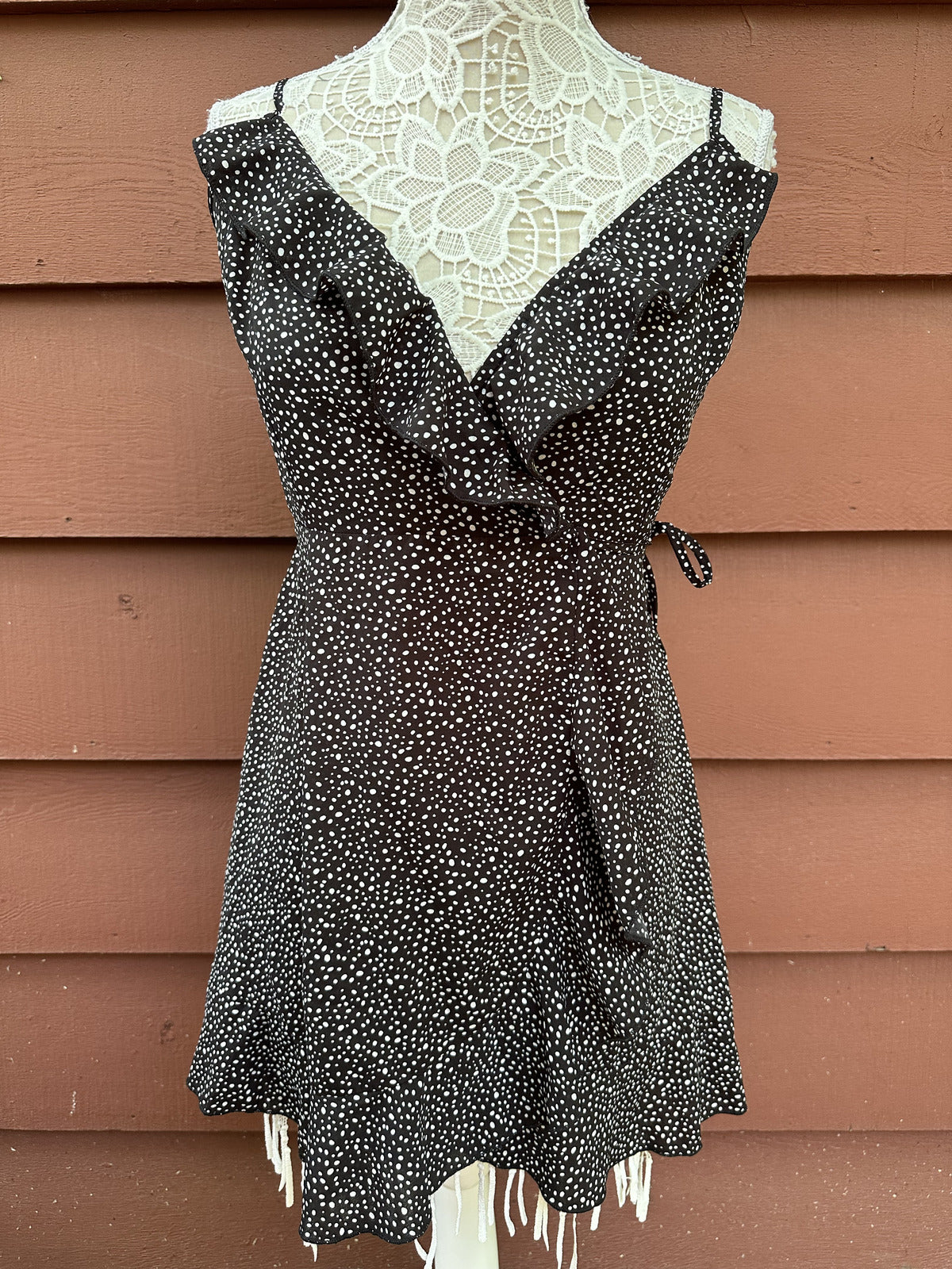 SHEIN Black Polka Dot Wrap Dress with Ruffle Detail Casual Summer Feminine