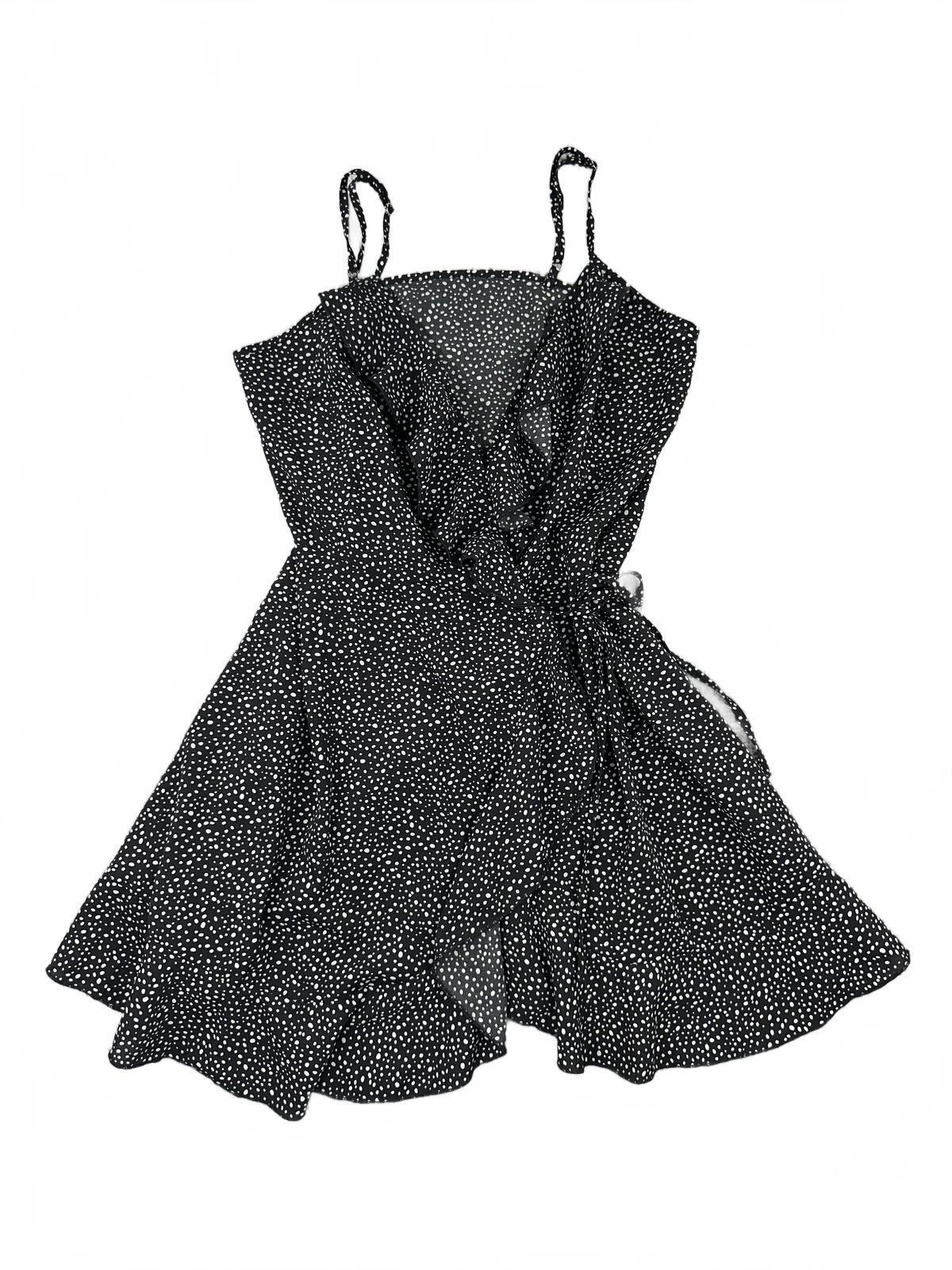 SHEIN Black Polka Dot Wrap Dress with Ruffle Detail Casual Summer Feminine