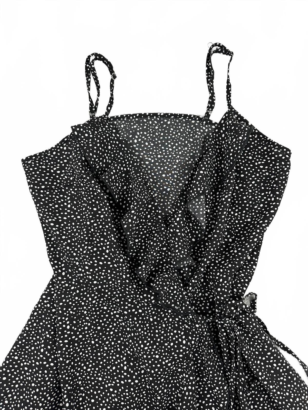 SHEIN Black Polka Dot Wrap Dress with Ruffle Detail Casual Summer Feminine