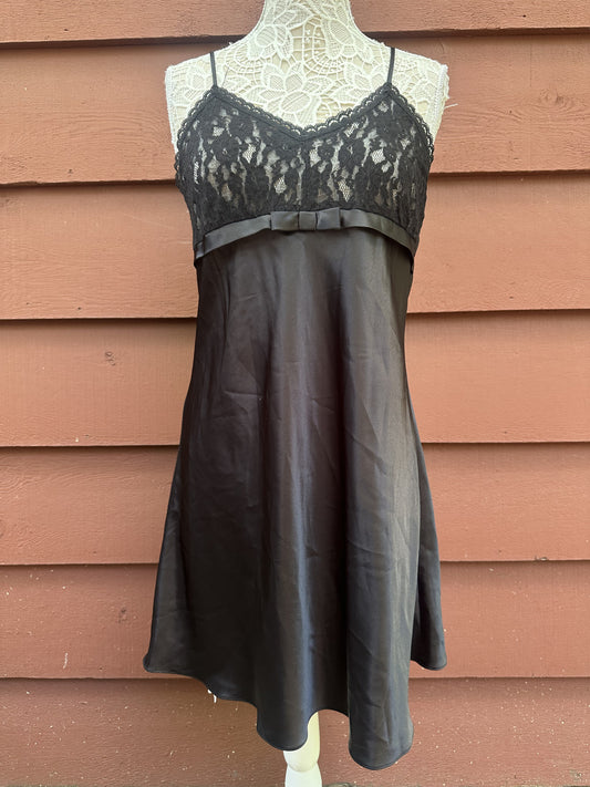 Bali Studio Collection Black Satin Slip Dress with Lace Bodice and Bow Detail