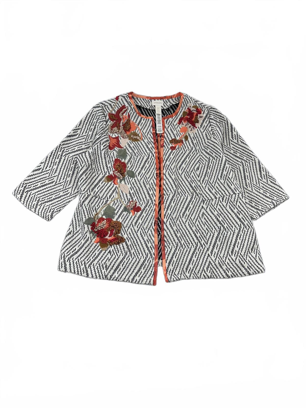 Chico's Embroidered Floral Bohemian Quilted Jacket Geometric