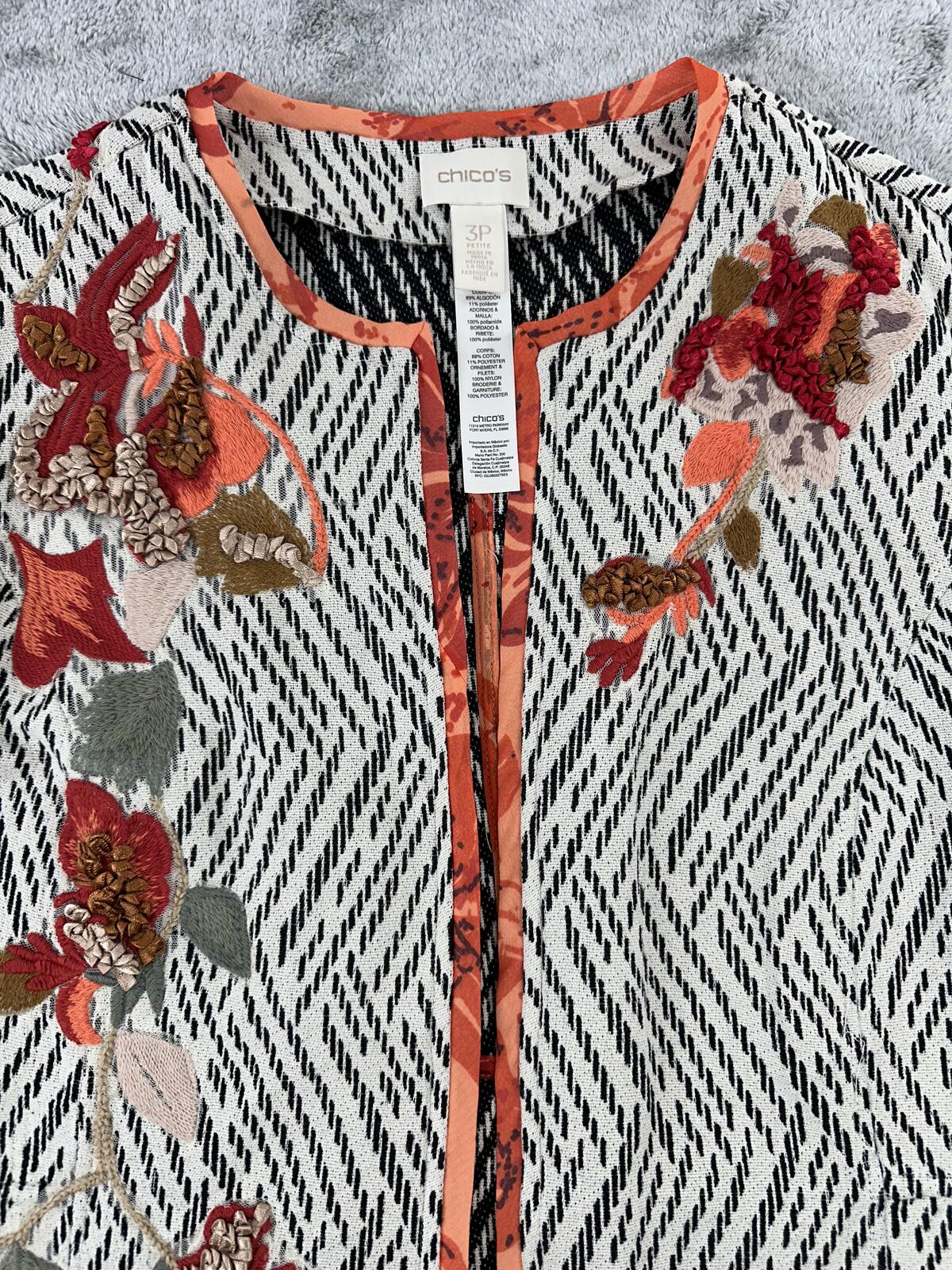 Chico's Embroidered Floral Bohemian Quilted Jacket Geometric