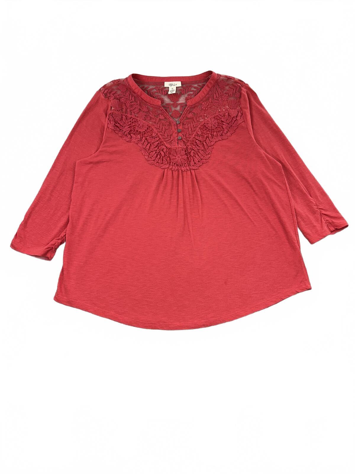 Style & Co. Coral Lace Detail Bohemian 3/4 Sleeve Top