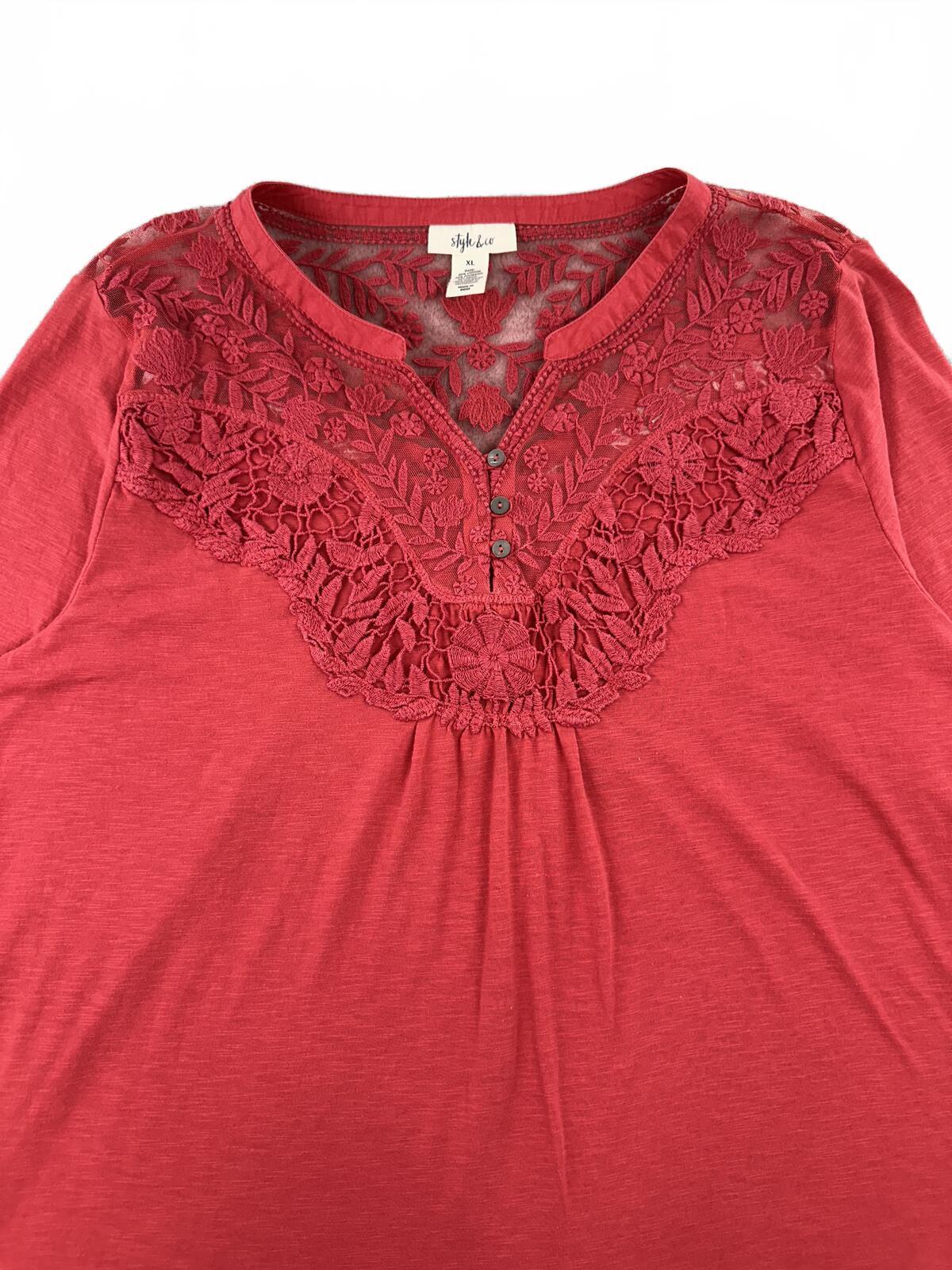 Style & Co. Coral Lace Detail Bohemian 3/4 Sleeve Top