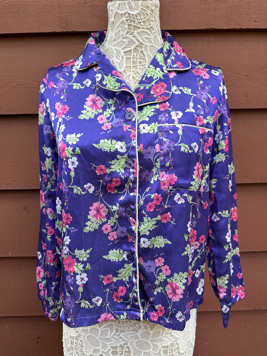 Anthony Richards Vintage Satin Floral Pajama Top Purple Pink