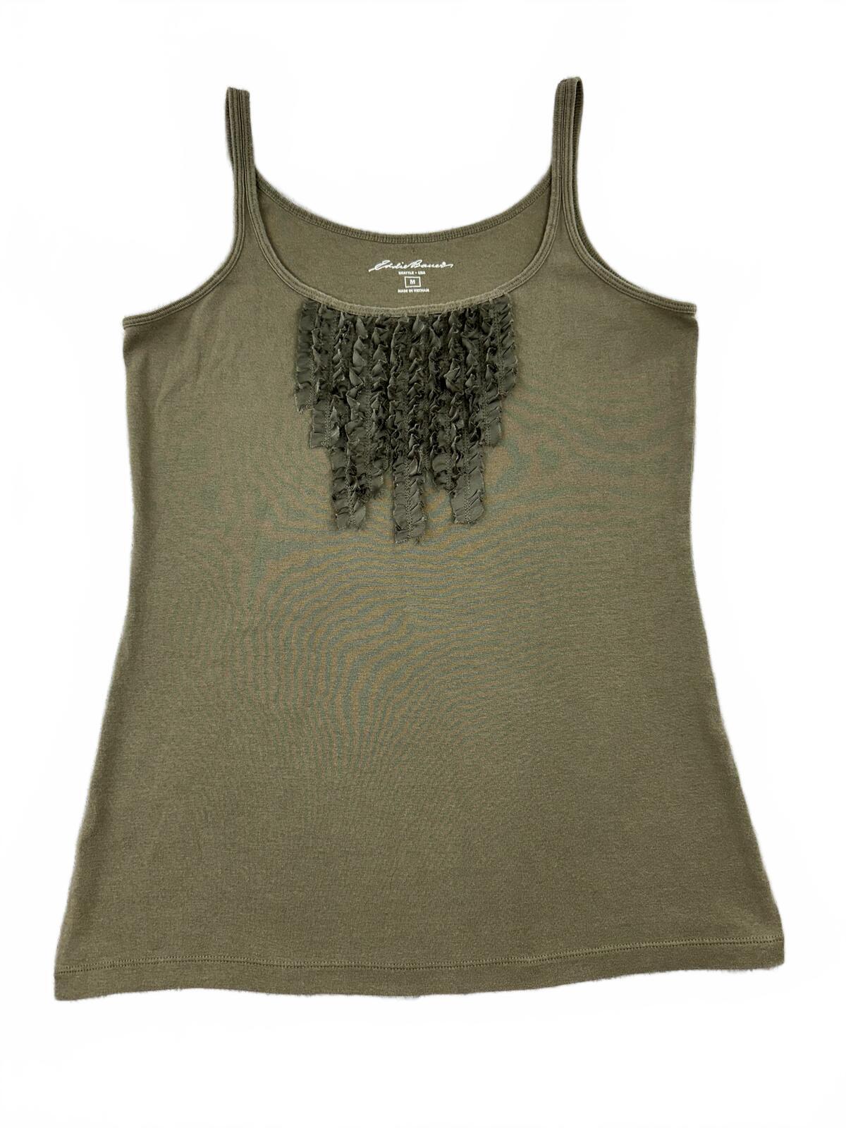 Eddie Bauer Olive Green Ruffle Detail Tank Top Casual Chic Summer Layered