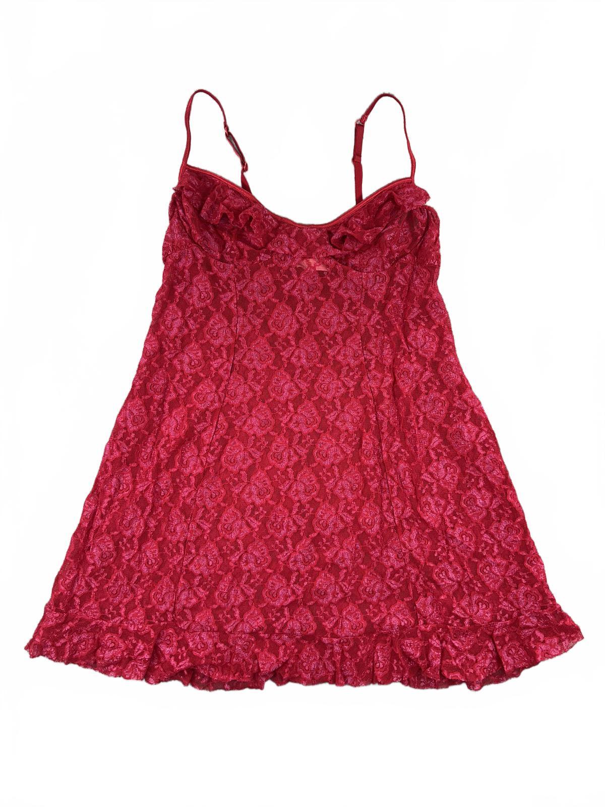 Inner Secrets Red Lace Slip Dress Sheer Floral Ruffle Bohemian Lingerie