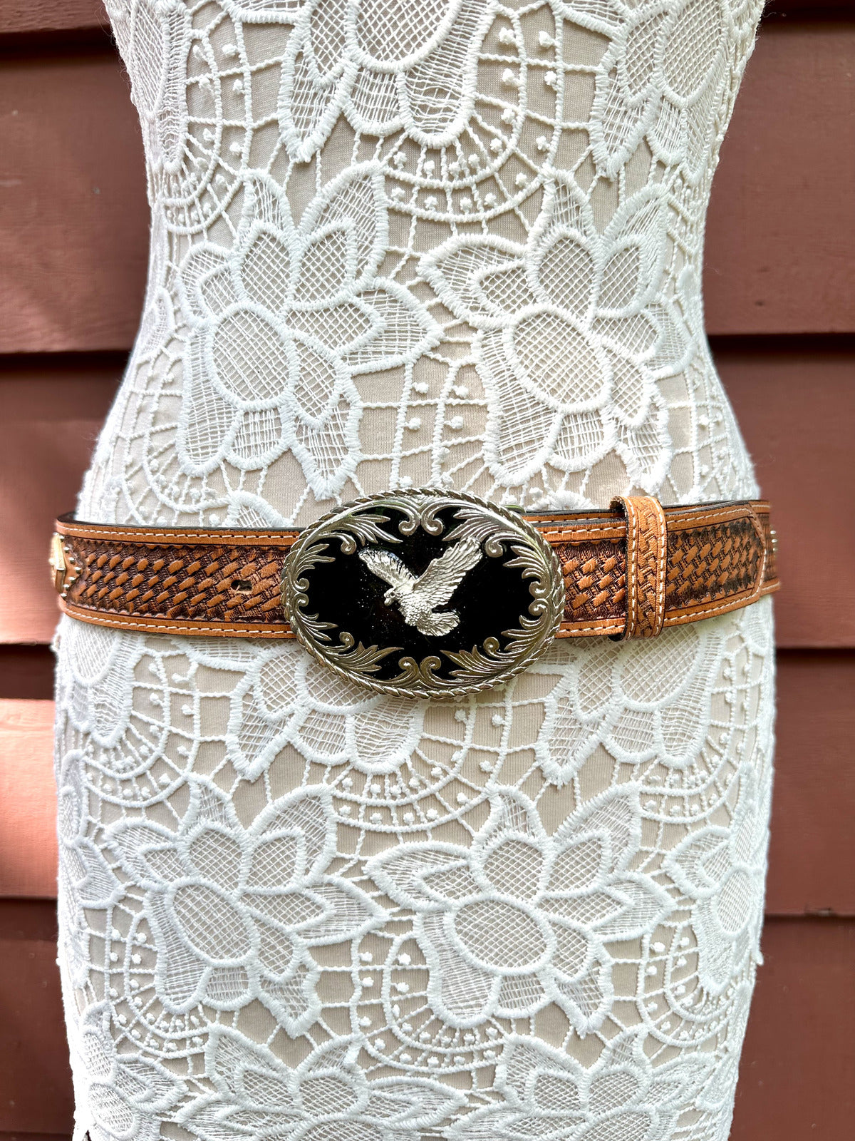 Western Style Tooled Leather Belt With Silver Eagle Buckle