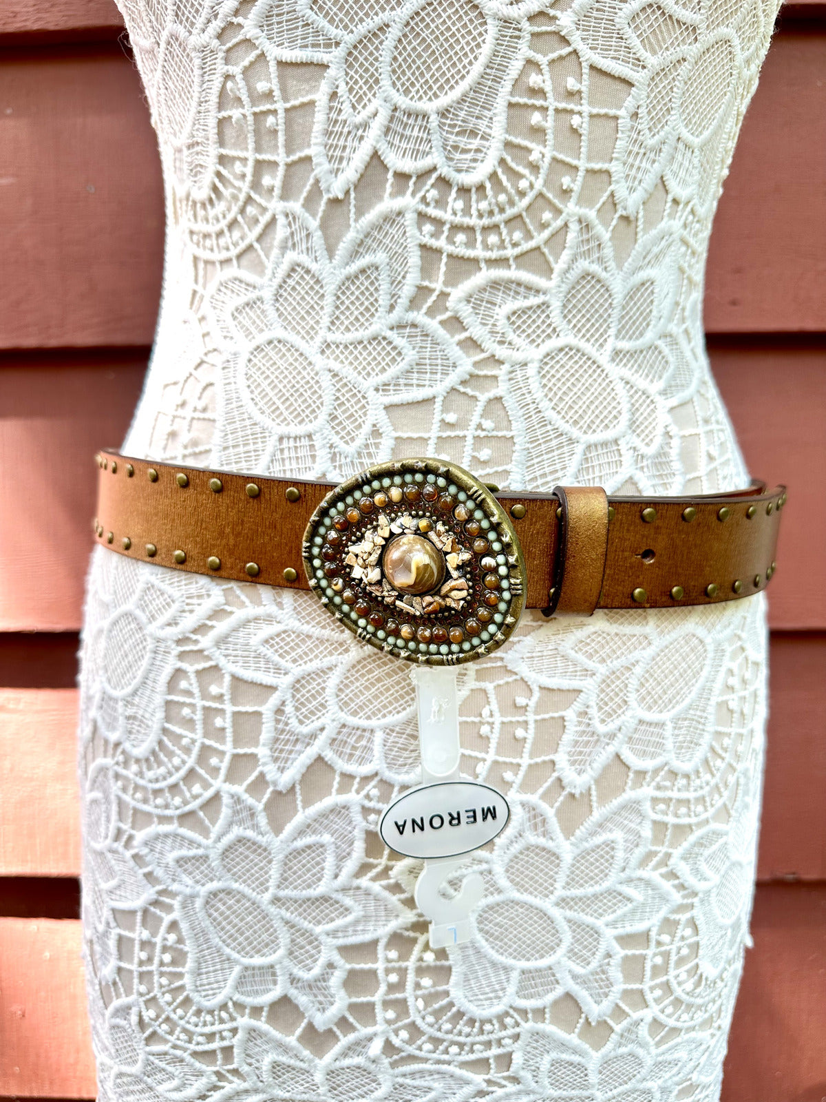 NWT Merona Brown Studded Belt with Decorative Beaded Buckle