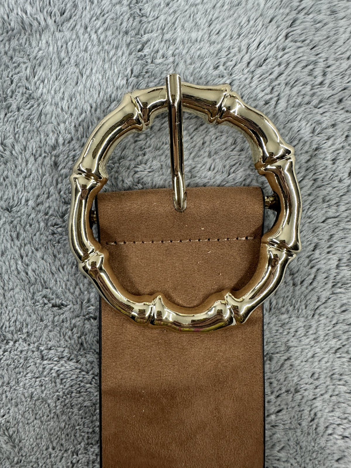 H&M Wide Brown Faux Suede Belt with Gold Bamboo Style Buckle