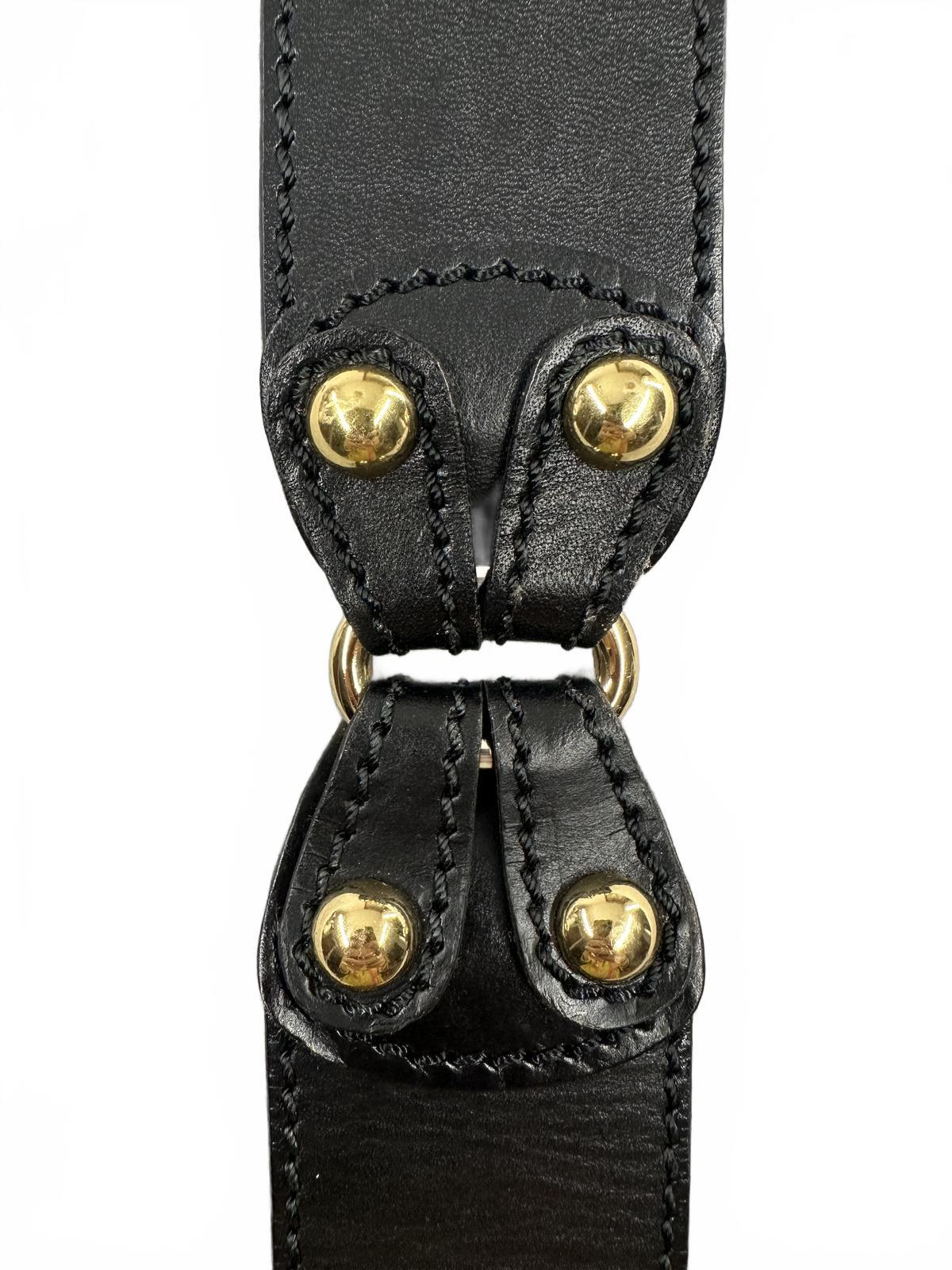 Black Genuine Leather Wide Belt with Gold Hardware