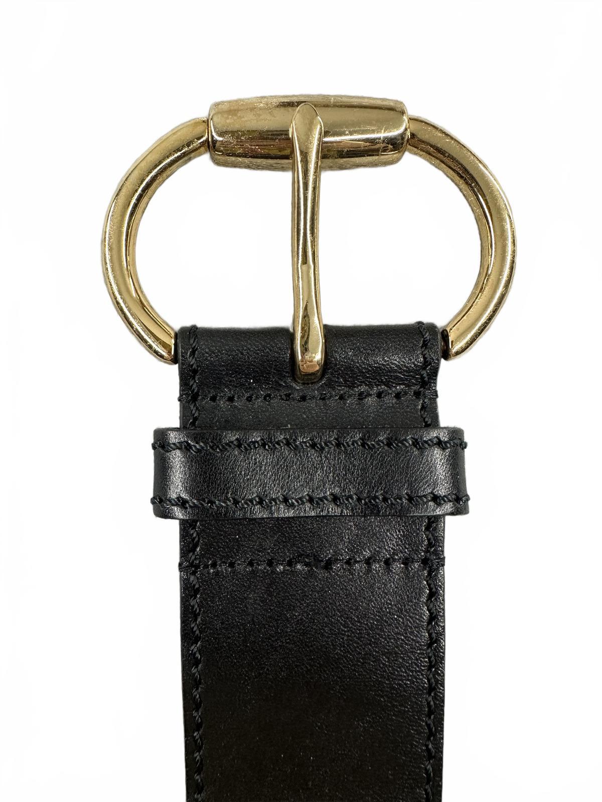 Black Genuine Leather Wide Belt with Gold Hardware
