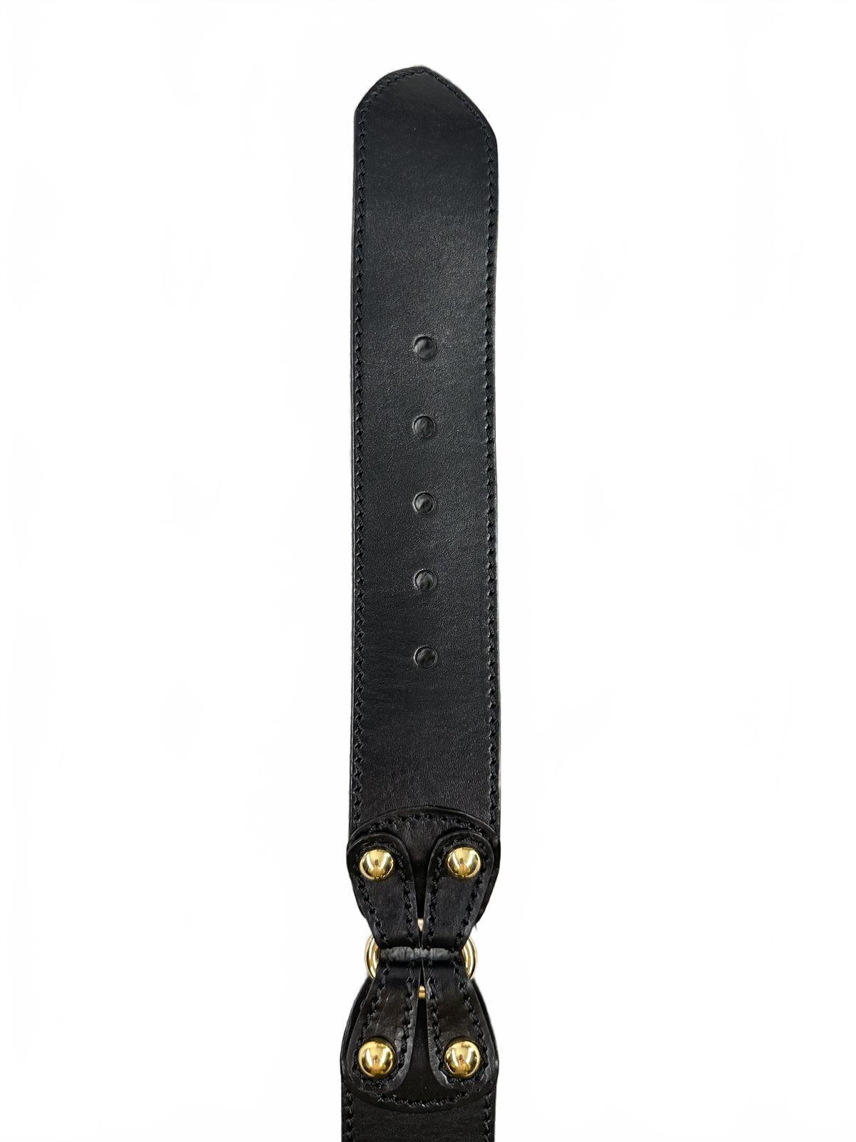 Black Genuine Leather Wide Belt with Gold Hardware