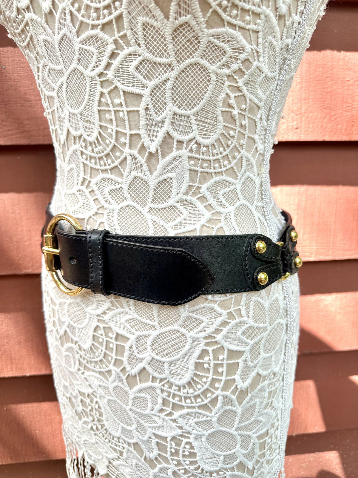 Black Genuine Leather Wide Belt with Gold Hardware