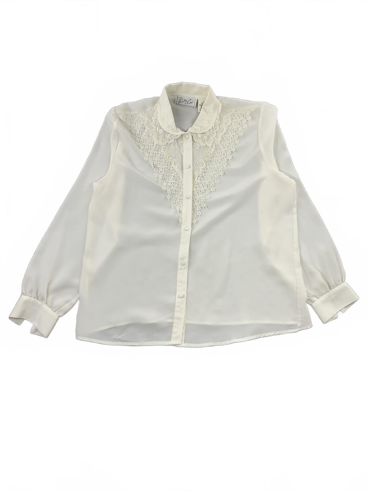 Kathy Che Vintage White Lace Button Up Blouse Feminine Formal Shirt Whimsigoth