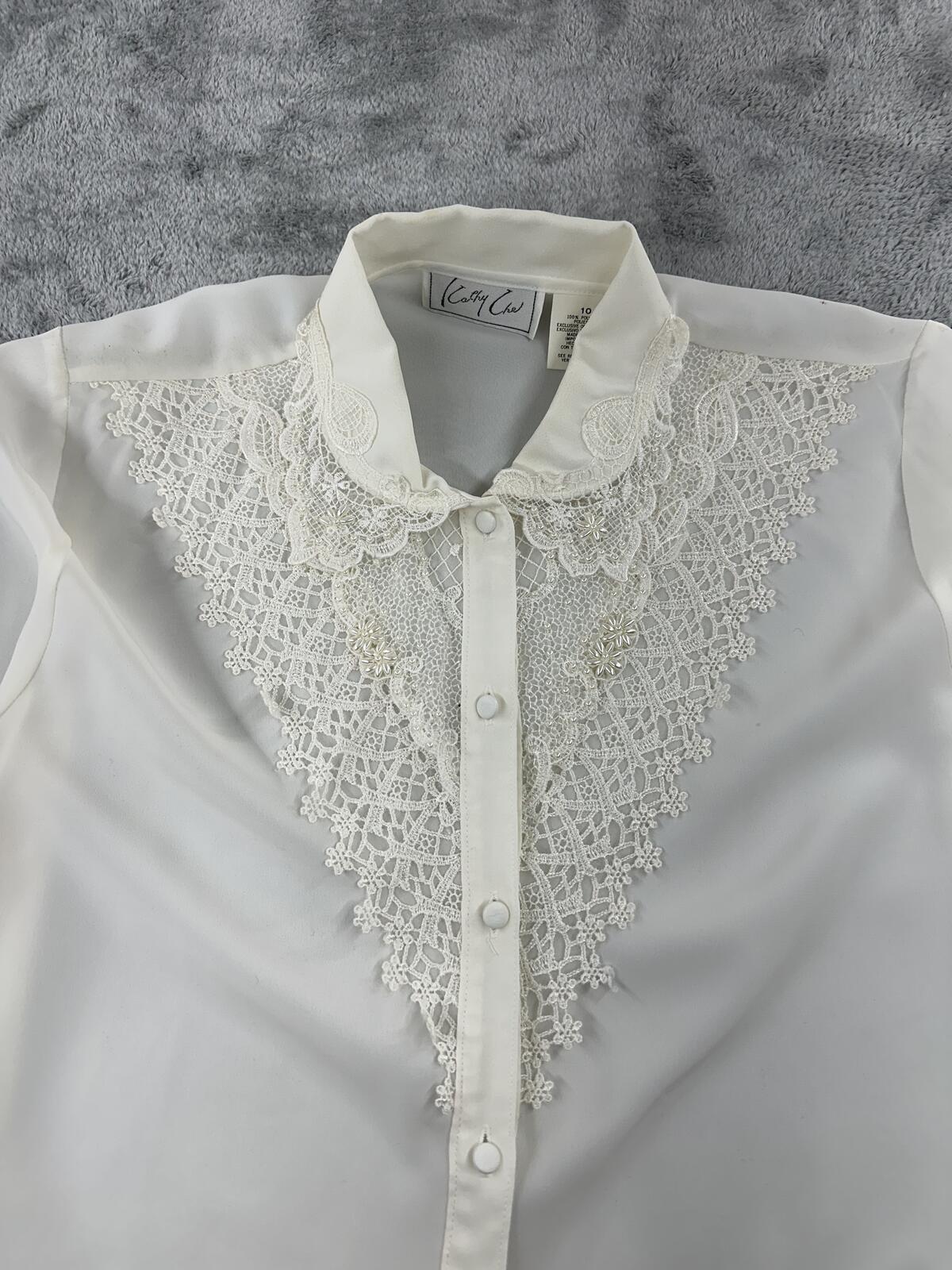 Kathy Che Vintage White Lace Button Up Blouse Feminine Formal Shirt Whimsigoth