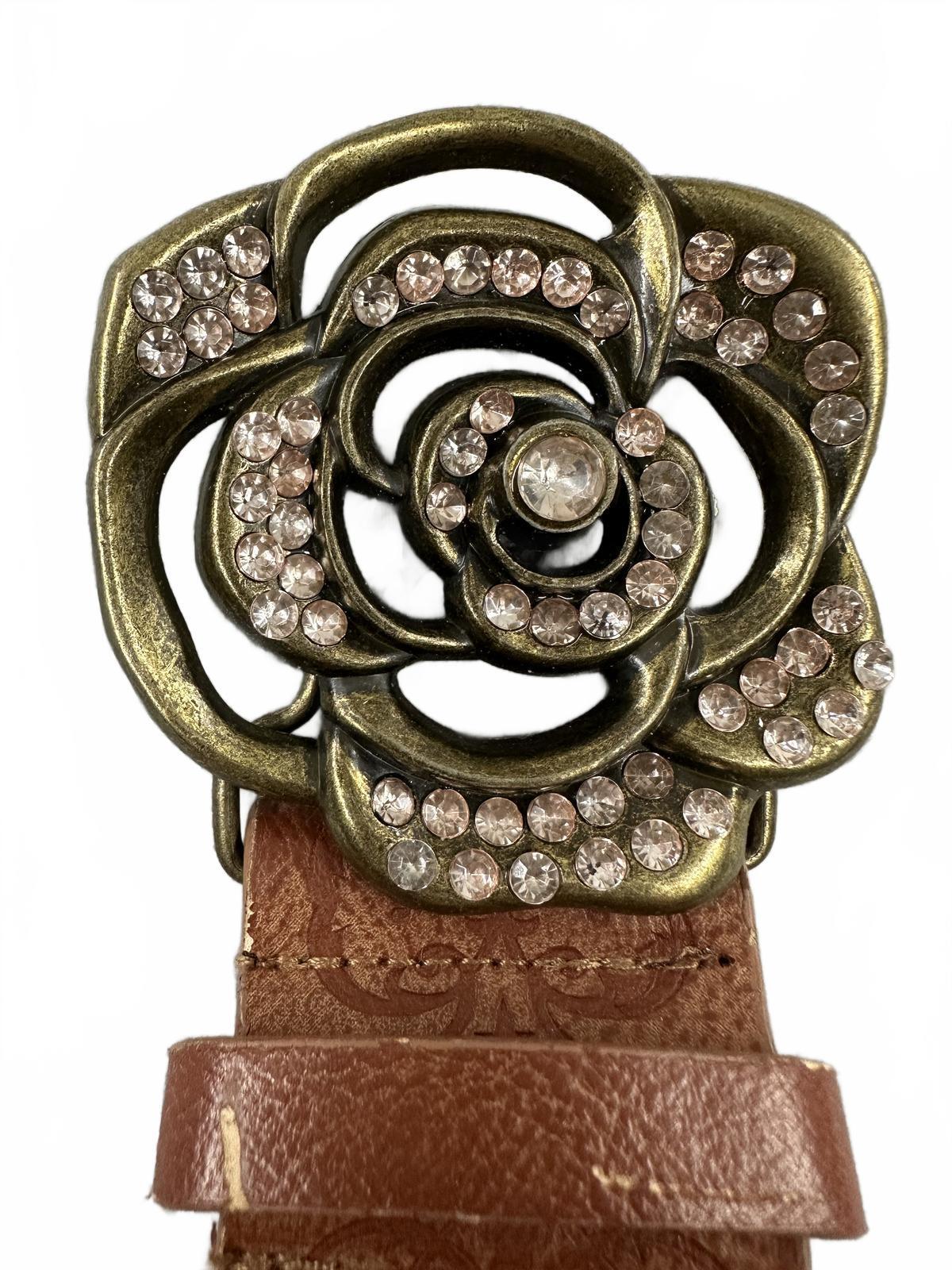 Brown Faux Leather Belt with Rhinestone Flower Buckle