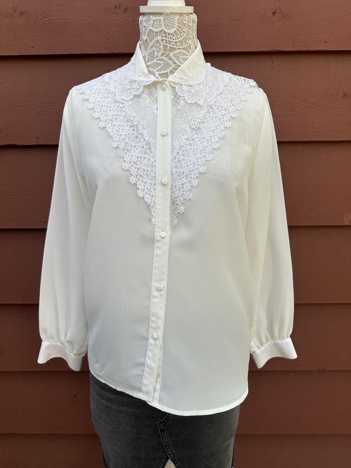 Kathy Che Vintage White Lace Button Up Blouse Feminine Formal Shirt Whimsigoth