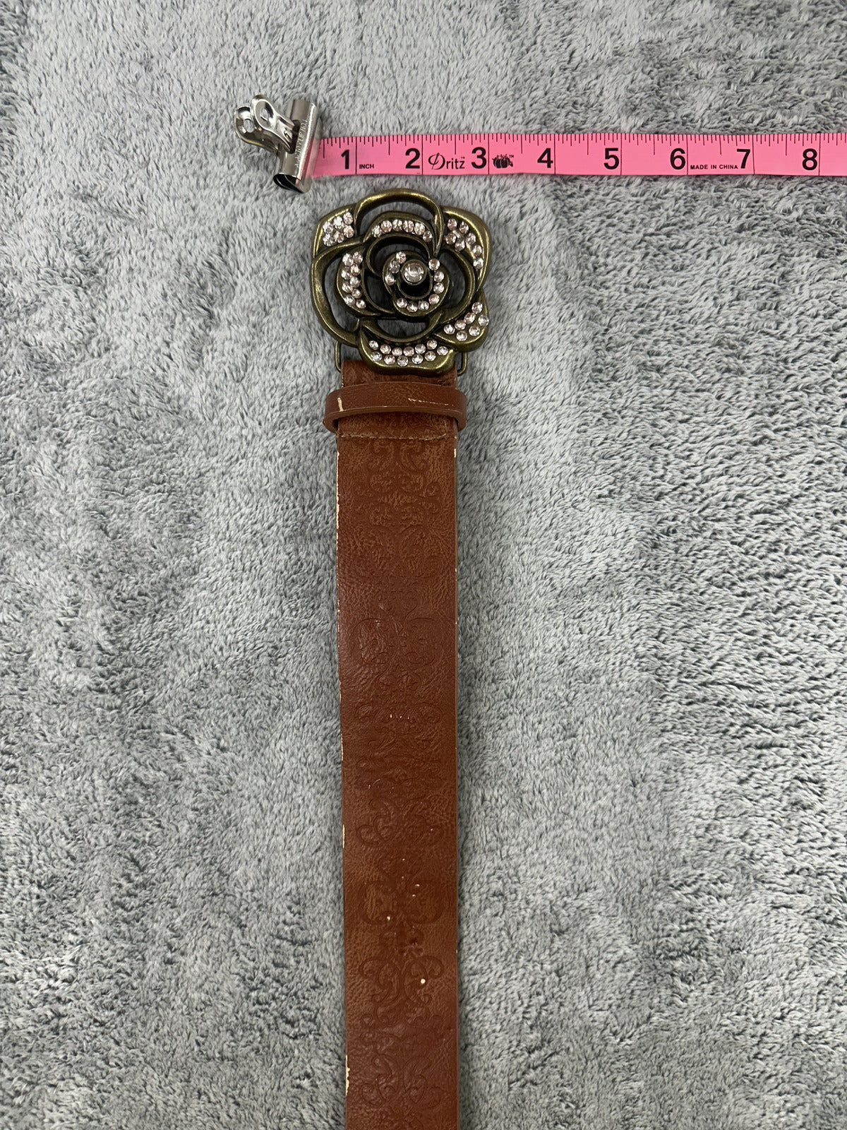 Brown Faux Leather Belt with Rhinestone Flower Buckle
