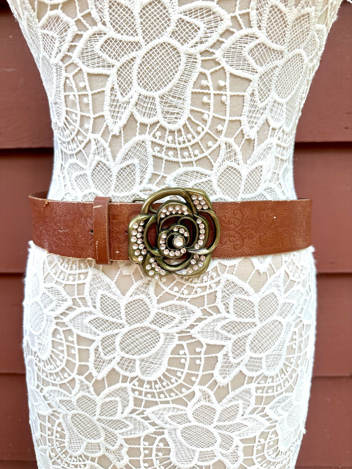 Brown Faux Leather Belt with Rhinestone Flower Buckle