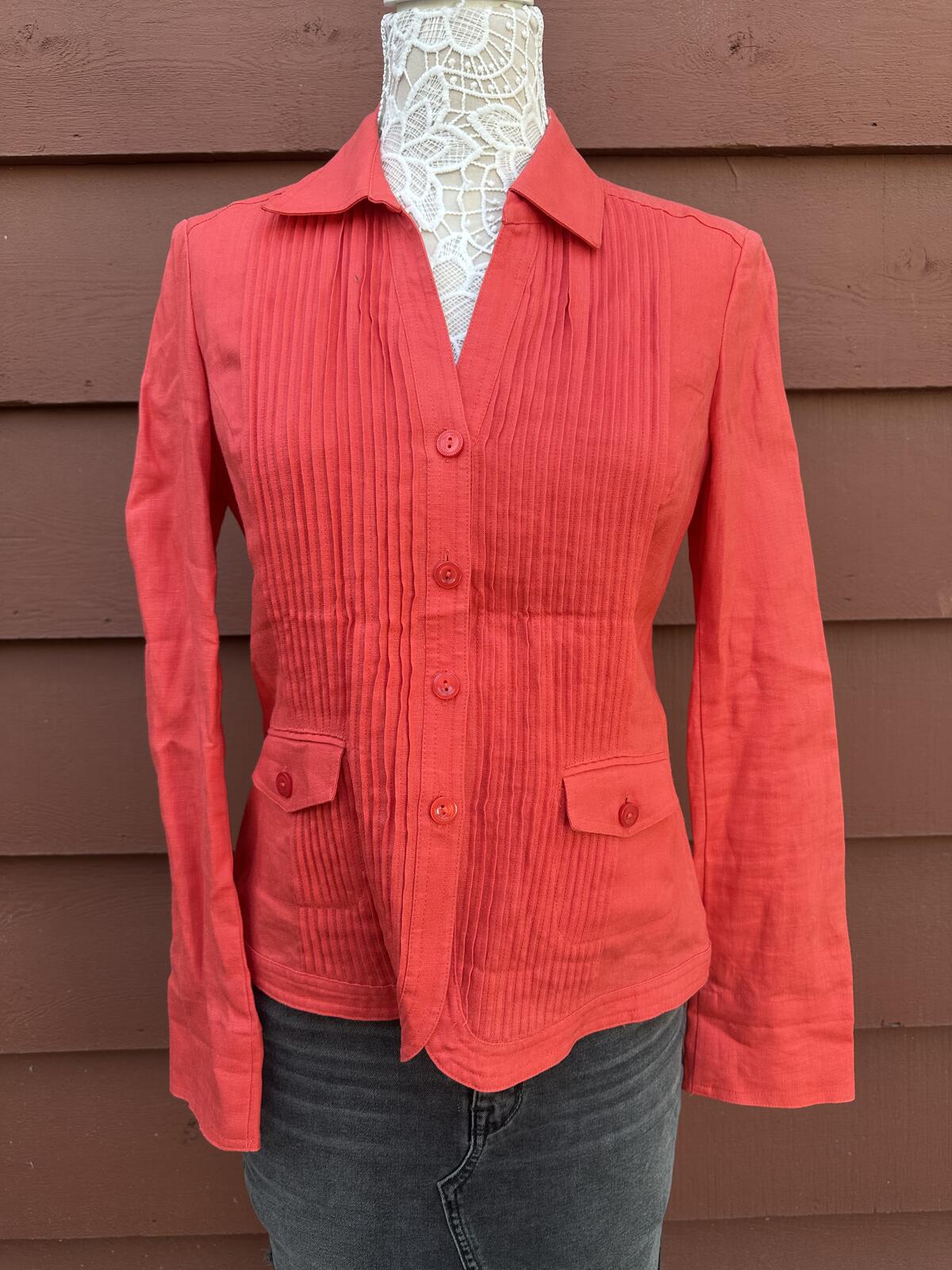 Jones New York Coral Linen Blazer with Pintuck Detailing