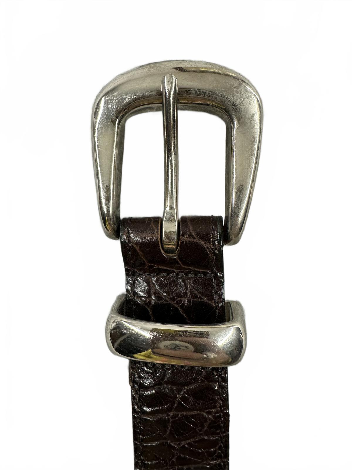Dark Brown Crocodile Embossed Leather Belt with Silver Buckle