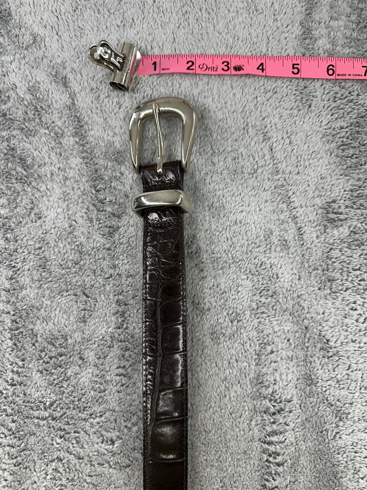 Dark Brown Crocodile Embossed Leather Belt with Silver Buckle