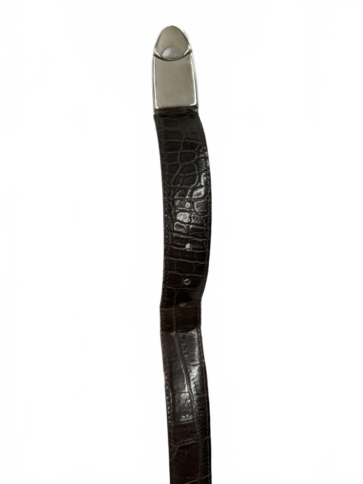 Dark Brown Crocodile Embossed Leather Belt with Silver Buckle