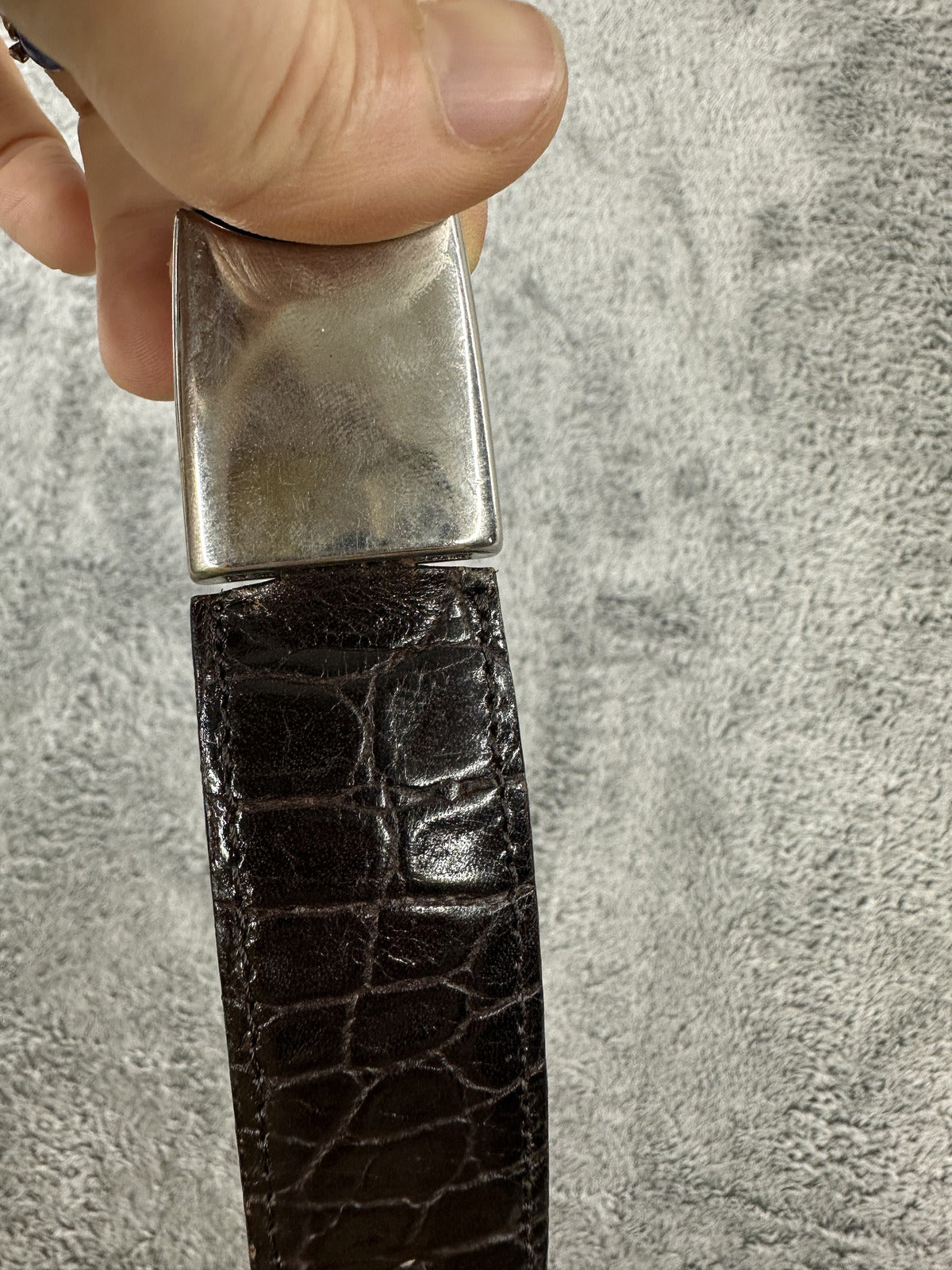 Dark Brown Crocodile Embossed Leather Belt with Silver Buckle
